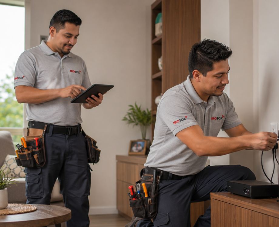 Técnicos de IroBOX instalando el servicio en un hogar